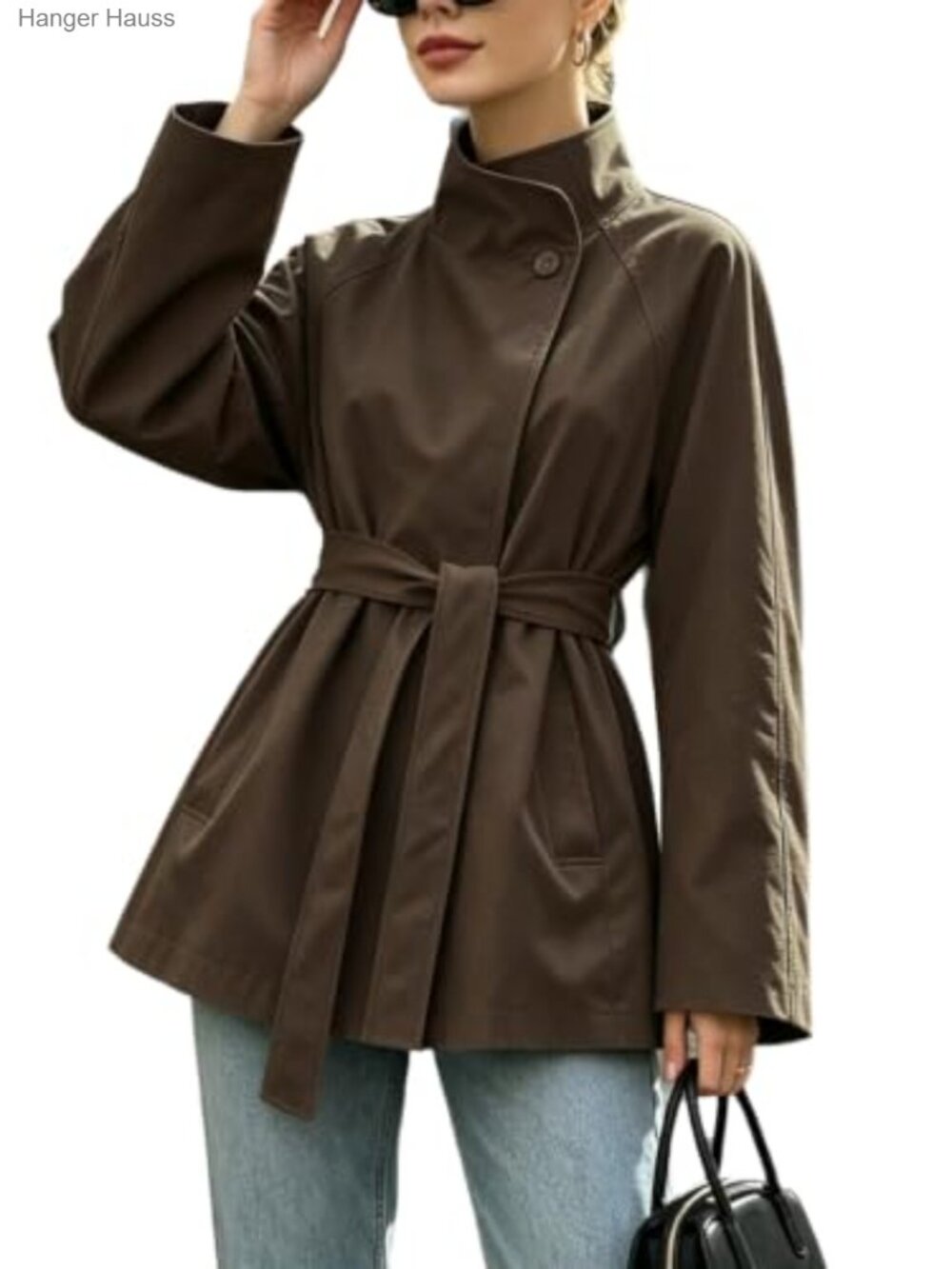 Women's Open Front Trench Coat with Belt, Long Sleeve Windproof Overcoat